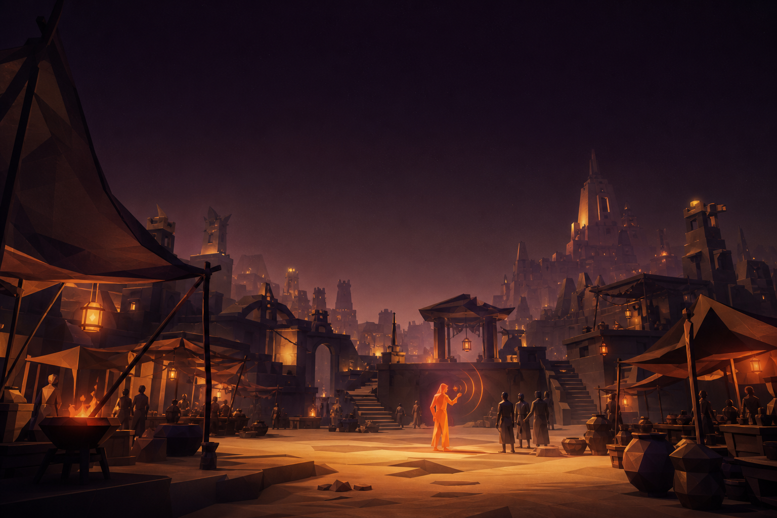 A dusk game world with a glowing AI character mid-conversation