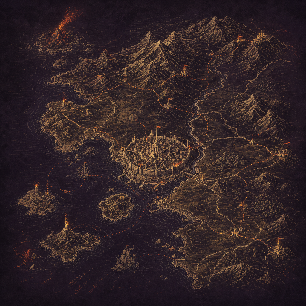 An illustrated lore map of a game world